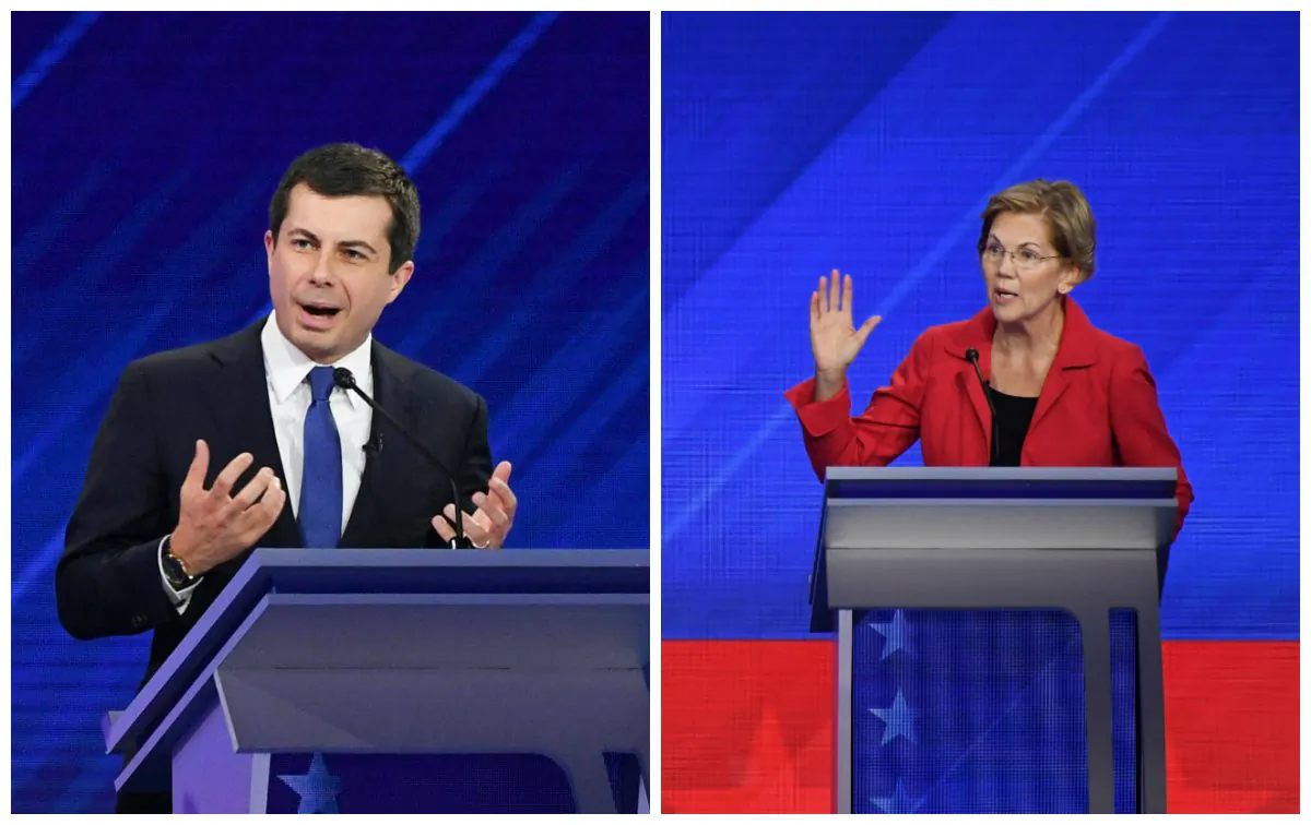 (L)-Democratic presidential hopeful Mayor of South Bend, Indiana, Pete Buttigieg speaks during the 2020 presidential debate on Sept. 12, 2019. (Robyn Beck/AFP/Getty Images) (R)-Democratic presidential candidate Sen. Elizabeth Warren (D-Mass.) speaks at the Democratic presidential debate in Houston, Texas on Sept. 12, 2019. (Robyn Beck/AFP/Getty Images)