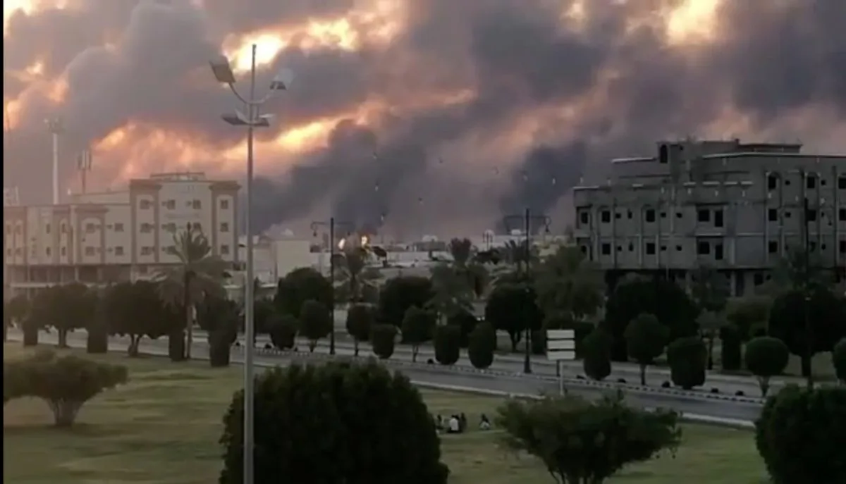 Smoke is seen following a fire at an Aramco factory in Abqaiq, Saudi Arabia, Sept. 14, 2019 in this picture obtained from social media. (Reuters)