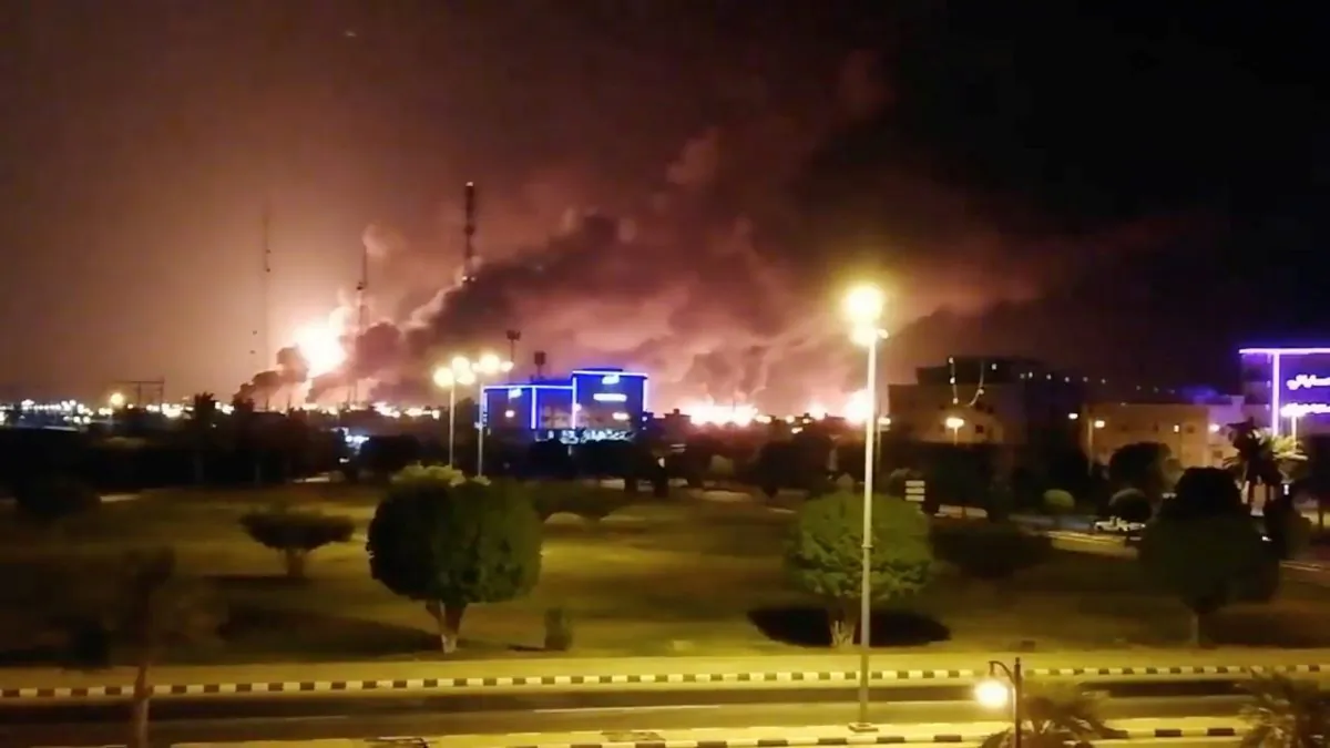 Smoke is seen following a fire at an Aramco factory in Abqaiq, Saudi Arabia, on Sept. 14, 2019. (Reuters)