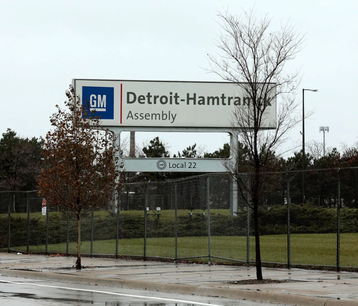 A sign is viewed at the General Motors Detroit-Hamtramck Assembly as they announced the closing of multiple facilities including this one in Detroit, Mich., on Nov. 26, 2018. (Jeff Kowalsky/AFP/Getty Images)