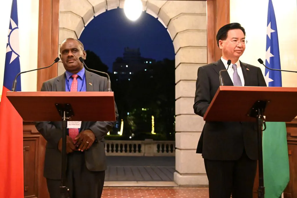 Taiwan's Foreign Minister Joseph Wu (R) takes part in a press conference with Solomon Islands' Foreign Minister Jeremiah Manele (L) in Taipei on Sept. 9, 2019. (Sam Yeh/AFP/Getty Images)