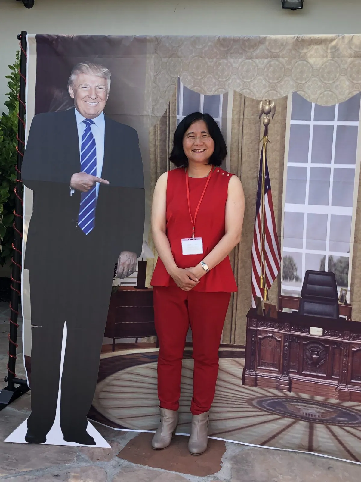 A cut-out of President Donald Trump and San Francisco mayoral candidate Ellen Lee Zhou, known as the "Chinese Donald Trump." (Courtesy of Ellen Lee Zhou)