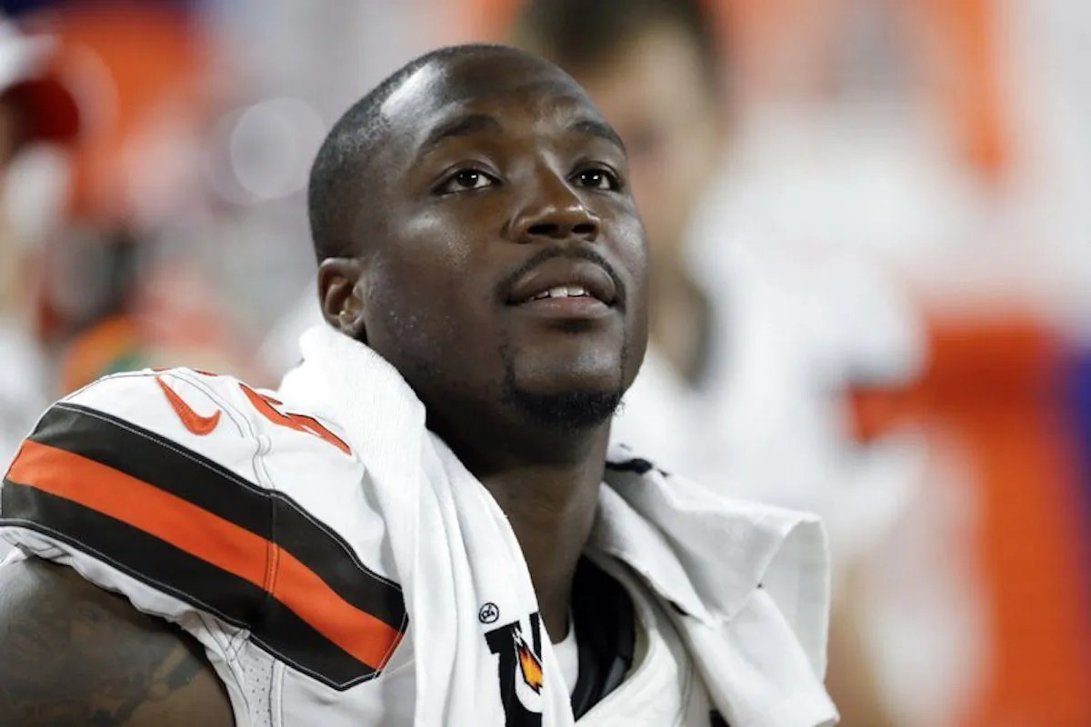Cleveland Browns defensive end Chris Smith (50) sits on the sideline during the first half of an NFL preseason football game against the Washington Redskins in Cleveland on Aug. 8, 2019. (Ron Schwane/AP Photo)