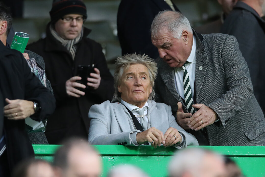 Rod Stewart looks on during the Scottish Ladbrokes Premiership match between Celtic and Kilmarnock at Celtic Park Stadium in Glasgow, Scotland on Dec. 8, 2018. (Ian MacNicol/Getty Images)