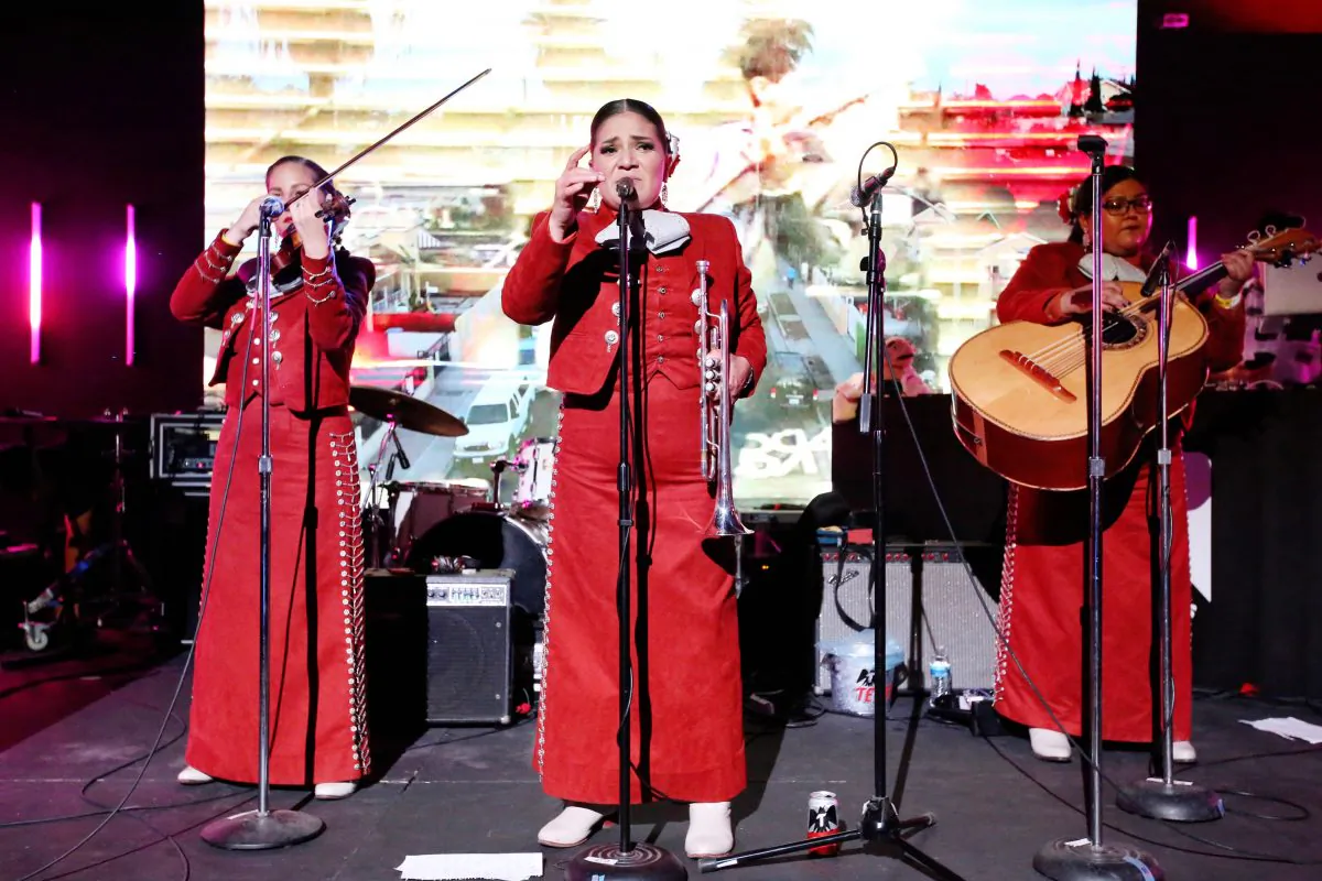 Lindas Mariachis Mexicans perform onstage during during Tecate Celebrates Mexican Independence Day With Launch Party For Los Angeles Lindo Y Querido Compilation in Los Angeles on Sept. 12, 2019. (Jesse Grant/Getty Images for Tecate)