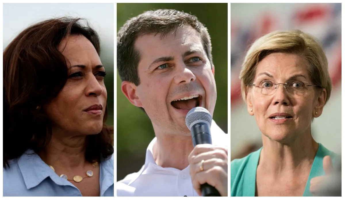 (L-R): Sen. Kamala Harris (D-Calif.), South Bend Mayor Pete Buttigieg, and Sen. Elizabeth Warren (D-Mass.). The trio are among the Democratic presidential contenders who called for the impeachment of Supreme Court Justice Brett Kavanaugh. (Justin Sullivan/Getty Images and Chip Somodevilla/Getty Images)