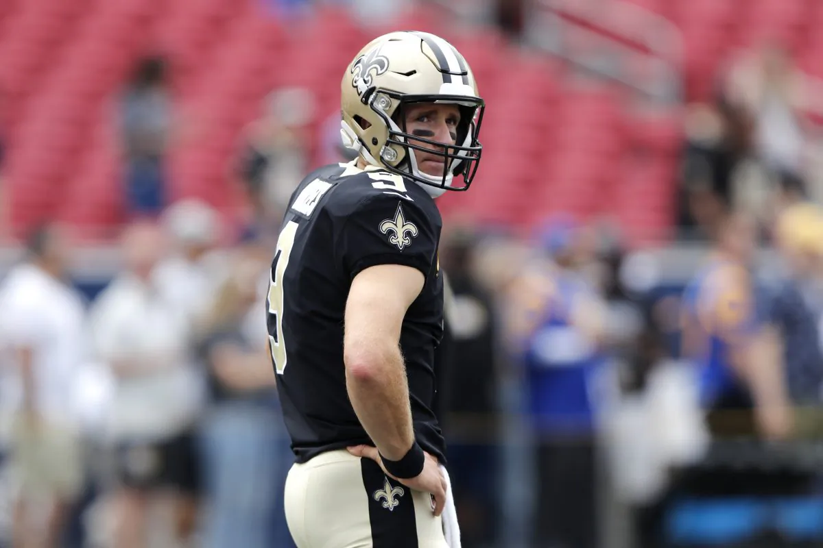 Drew Brees #9 of the New Orleans Saints warms up before the game against the Los Angeles Rams at Los Angeles Memorial Coliseum in Los Angeles on Sept. 15, 2019. (Sean M. Haffey/Getty Images)