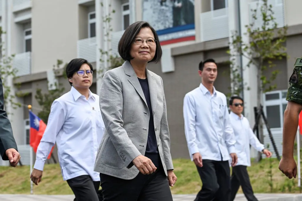 Taiwanese President Tsai Ing-wen (C) arrives at a military base in Hsinchu, northern Taiwan, on Sept. 10, 2019. (Sam Yeh/AFP/Getty Images)