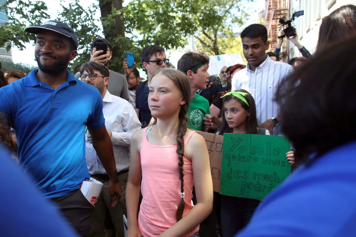 Swedish climate change activist Greta Thunberg participates in a Youth Climate Strike outside the United Nations in New York on Aug. 30, 2019. (AP Photo/Mary Altaffer)