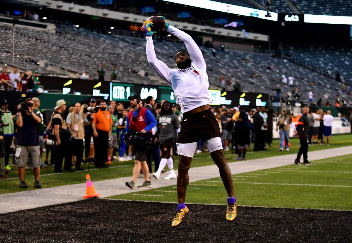 Odell Beckham Jr. #13 of the Cleveland Browns catches the ball during warmups before their game against the New York Jets at MetLife Stadium in East Rutherford, New Jersey on Sept. 16, 2019. (Photo by Emilee Chinn/Getty Images)