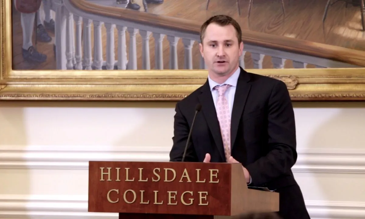 James Hasson delivers a lecture at Hillsdale College's Kirby Center in Washington on Sept. 10, 2019. (Screenshot/Hillsdale College)