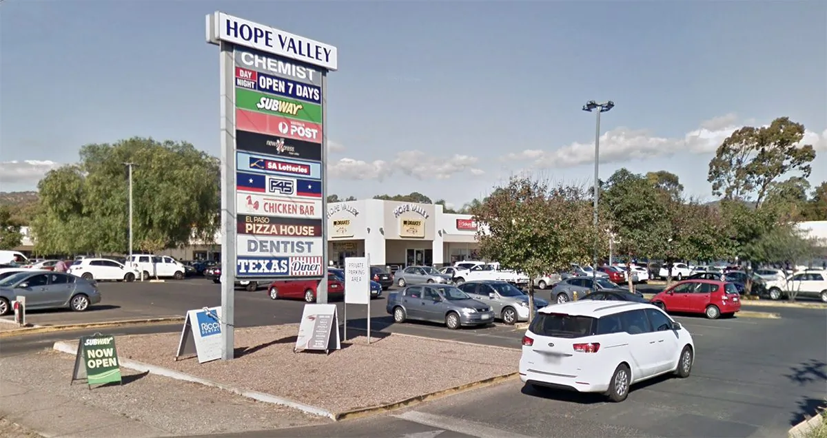 Entrance to Hope Valley Shopping Centre in Greater Adelaide, South Australia, in April 2019. (Google Maps Street View/Screenshot)
