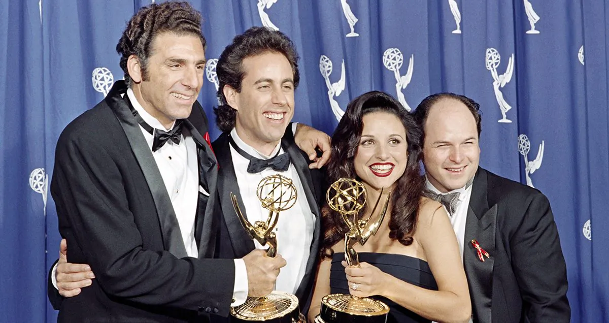 (L-R) Michael Richards, Jerry Seinfeld, Julia Louis-Dreyfus, and Jason Alexander from the Seinfeld sitcom in Pasadena, Calif., on Sept. 19, 1993. (Scott Flynn/AFP/Getty Images)