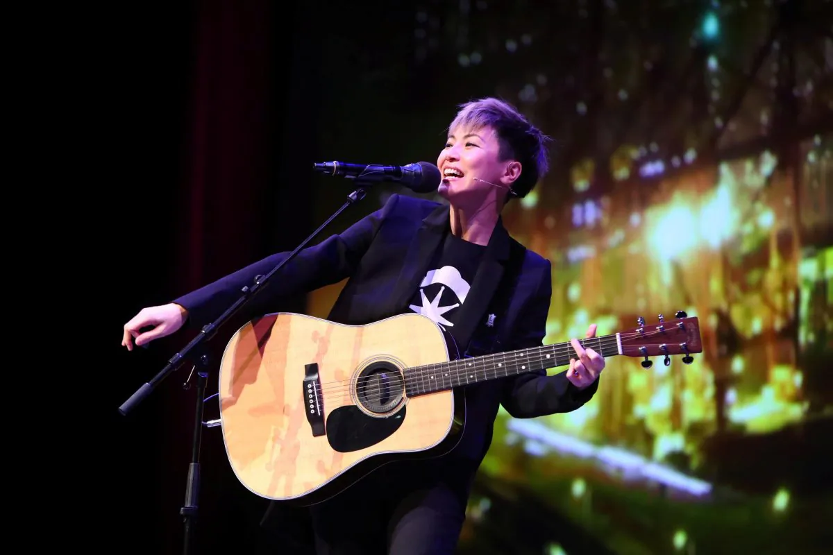 Hong Kong-based artist Denise Ho on stage at the Oslo Freedom Forum in Norway on May 27, 2019. (NTB Scanpix/Ryan Kelly via Reuters)