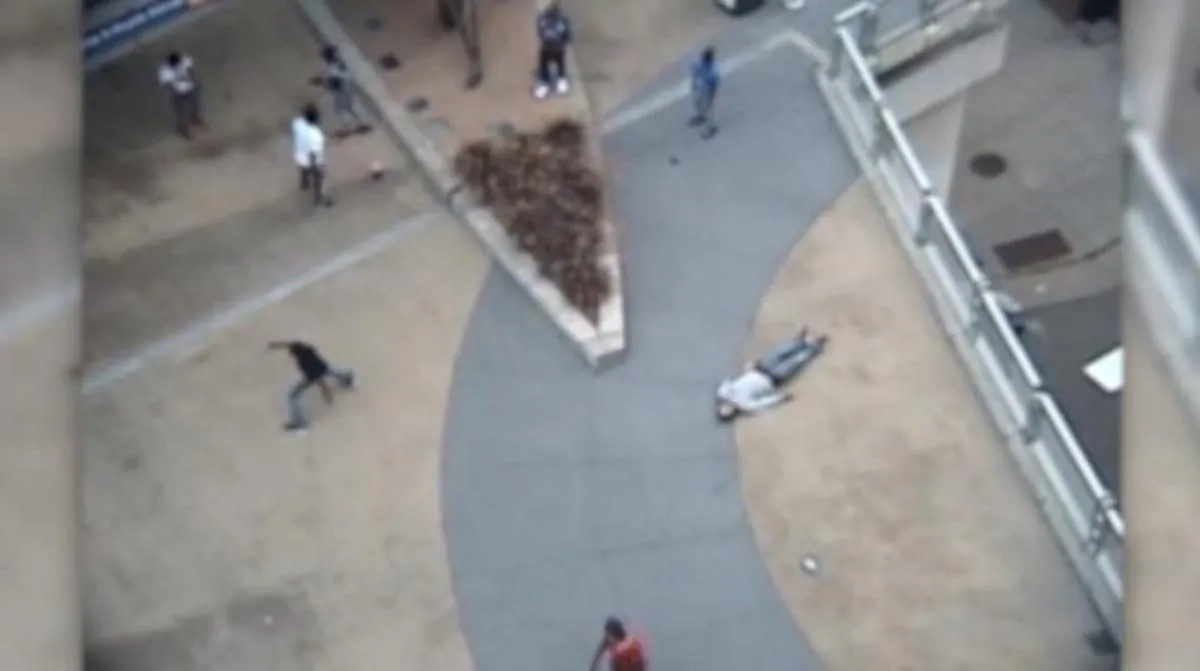 A still-frame from surveillance footage of a violent robbery in which multiple suspects ambushed a man in Minneapolis and beat him brutally. (Minneapolis Police Department/CNN)