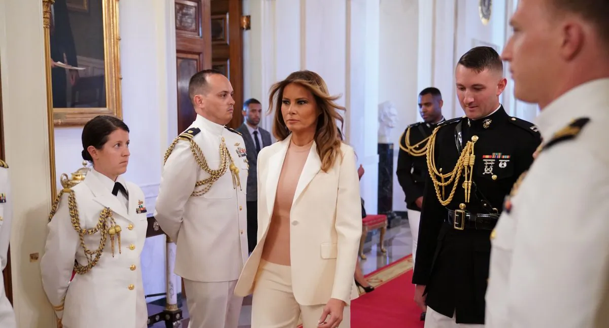 First Lady Melania Trump arrives before President Donald Trump presents the Medal of Freedom to former New York Yankees pitcher Mariano Rivera in the East Room of the White House in Washington on Sept. 16, 2019. (Photo by MANDEL NGAN / AFP)    