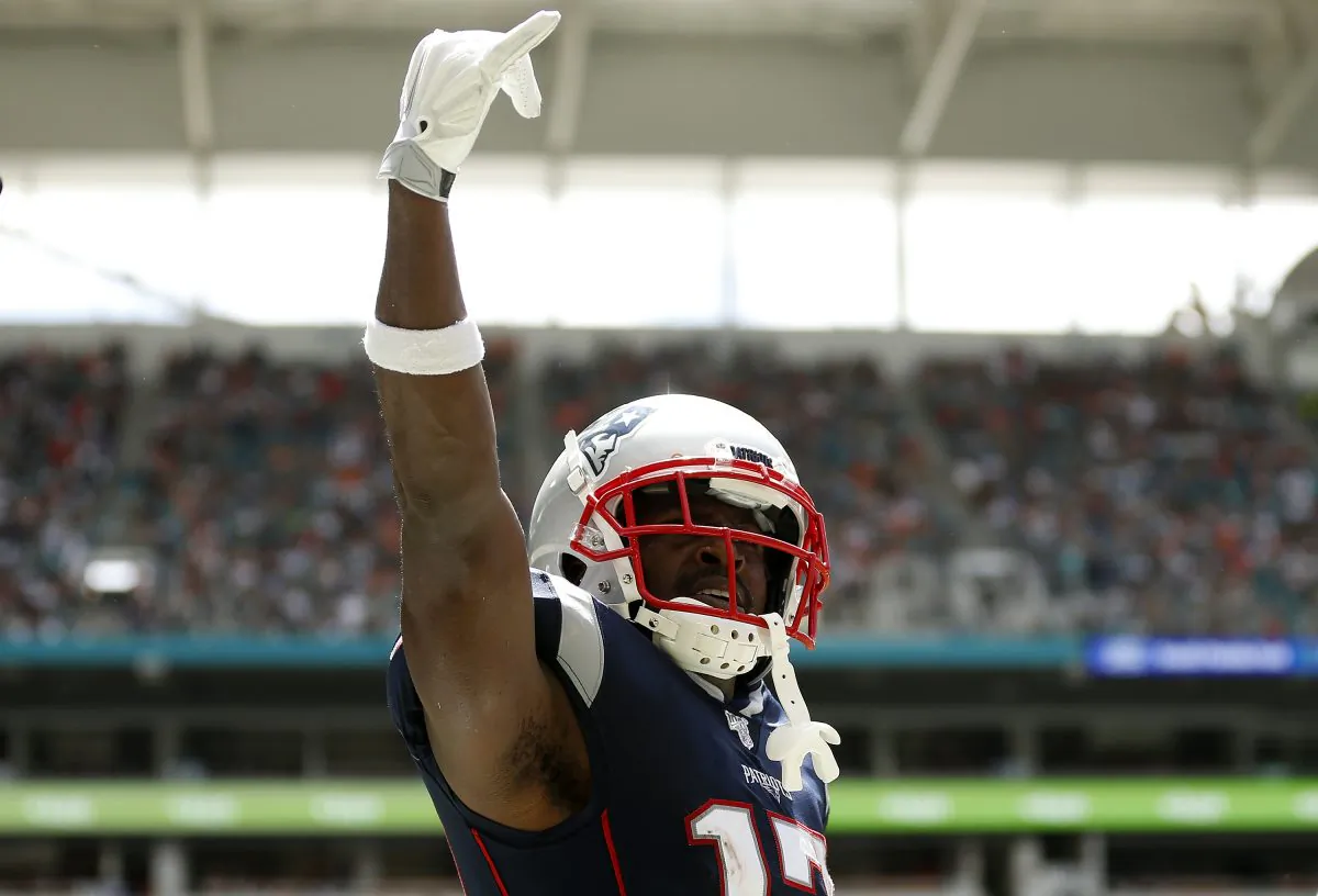 Antonio Brown of the New England Patriots at Hard Rock Stadium in Miami, Florida, on Sept. 15, 2019. (Photo by Michael Reaves/Getty Images)