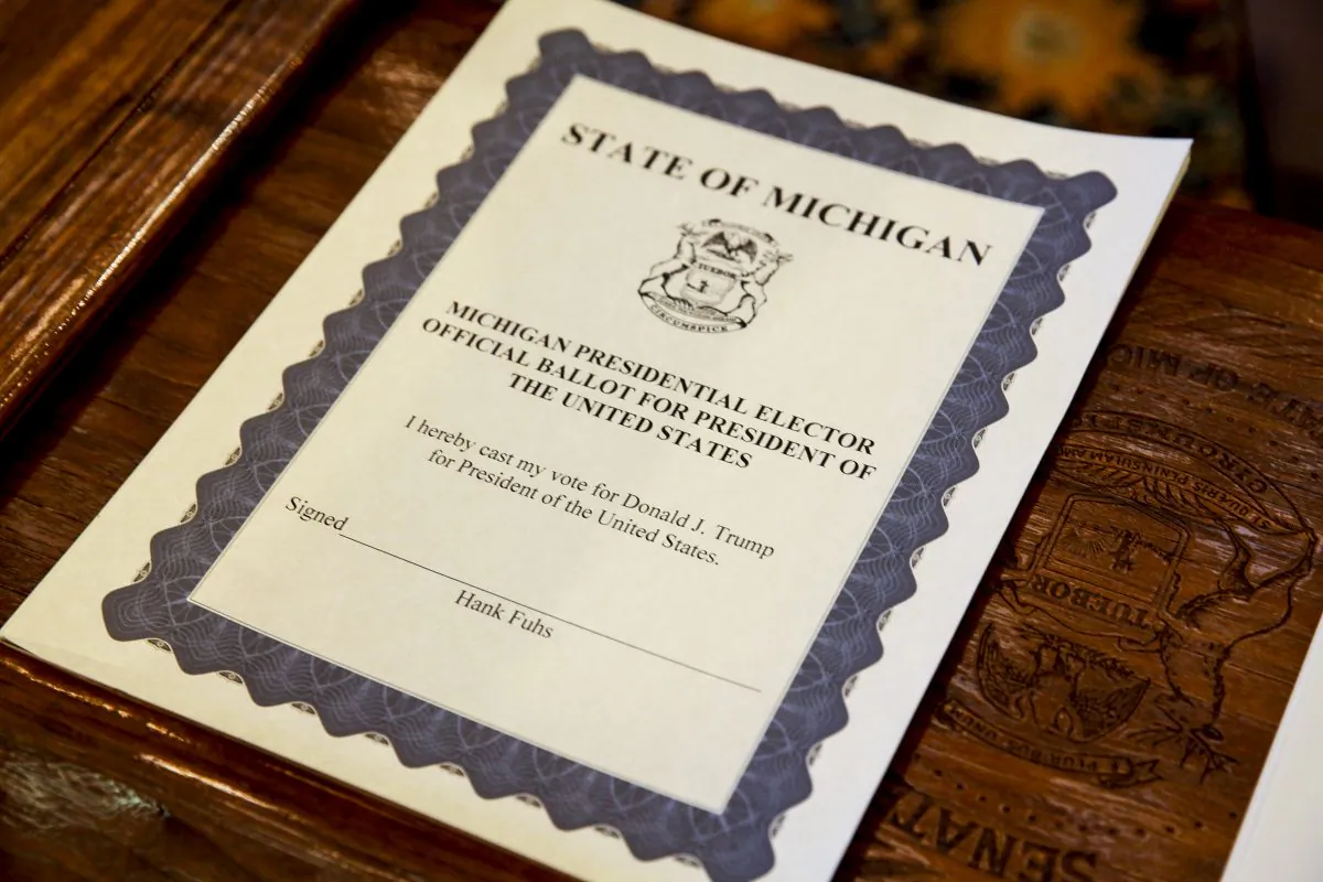 LANSING, MI - DECEMBER 19: A ballot for the electoral college waits before the Michigan representatives to the electoral college met to cast their votes at the Michigan State Capitol on December 19, 2016 in Lansing, United States. The electoral college met in the afternoon and voted unanimously for Trump. Electors from all 50 states cast votes today in their respective state capitols. (Photo by Sarah Rice/Getty Images)