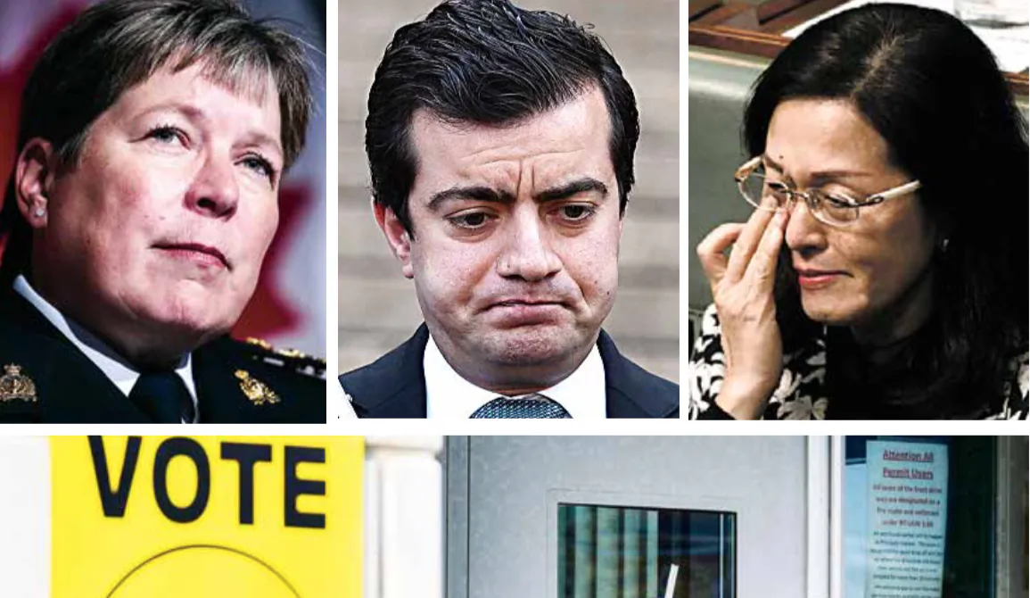 (Clockwise from top L) RCMP Commissioner Brenda Lucki speaks on the Cameron Ortis investigation in Ottawa on Sept. 17, 2019. Australian Labor Party Senator Sam Dastyari in Sydney on Sept. 6, 2016. Australian Liberal MP Gladys Liu becomes emotional at Parliament House in Canberra on Sept. 12, 2019. A federal election polling station in Vaughan, Ont., on Oct. 19, 2015. (William West, Tracey Nearmy/AFP/Getty Images; Chris Wattie, Peter Power/The Canadian Press)