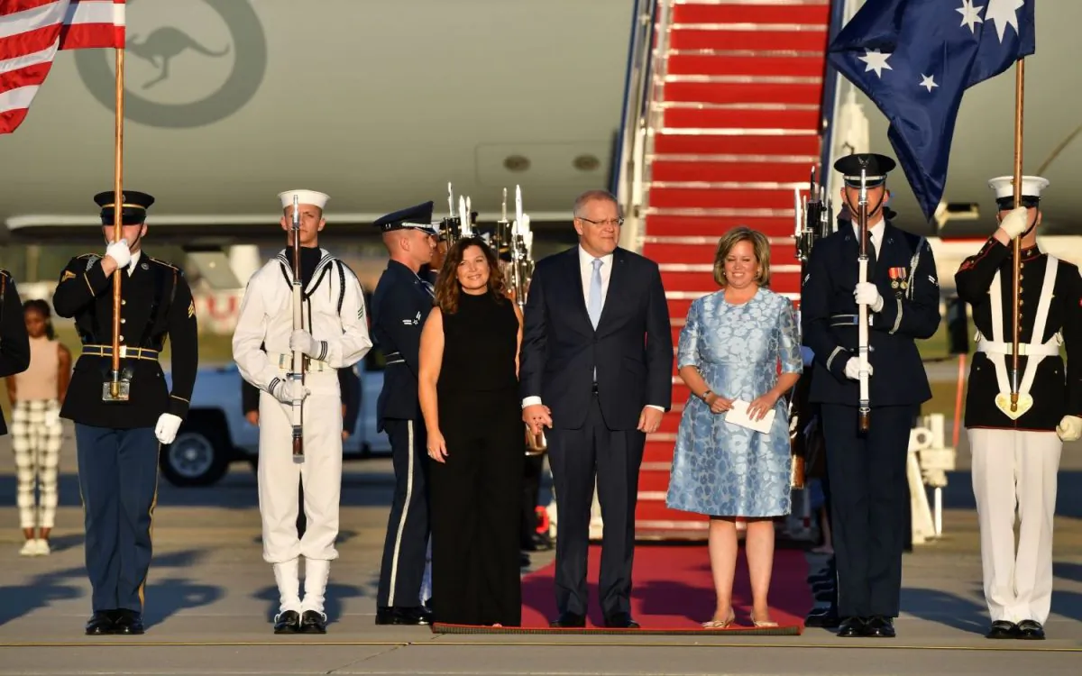 Australia's Prime Minister Scott Morrison and wife Jenny arrive for a state visit, at Andrews Airforce Base in Washington, United States, on Sept. 19, 2019. (AAP Image/Mick Tsikas)