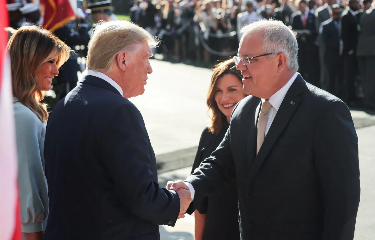 U.S. President Donald Trump and First Lady Melania Trump welcome Australia’s Prime Minister Scott Morrison and Mrs Morrison to an official arrival ceremony on the South Lawn of the White House on Sept. 20, 2019. (Jonathan Ernst/Reuters)