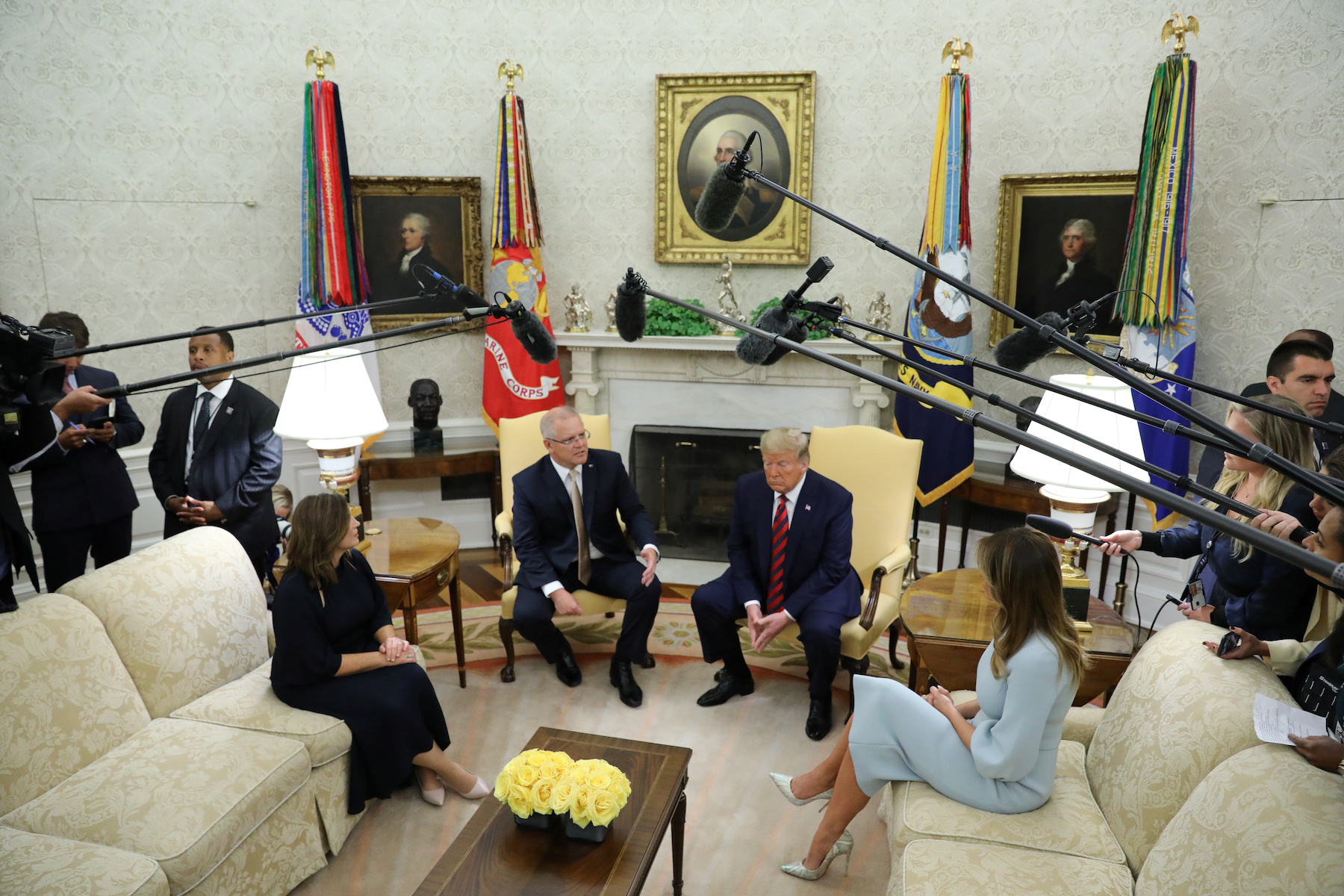 U.S. President Trump speaks to reporters while meeting with Australia’s Prime Minister Morrison at White House in Washington