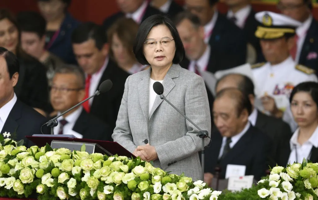 Taiwan's President Tsai Ing-wen (C) speaks during National Day celebrations in front of the Presidential Palace in Taipei on Oct. 10, 2018. (Sam Yeh/AFP/Getty Images)
