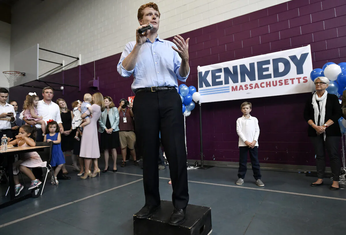 Democratic U.S. Rep. Joseph Kennedy III, D-Mass., announces his candidacy for the Senate in Boston on Saturday, Sept. 21, 2019. (AP Photo/Josh Reynolds)