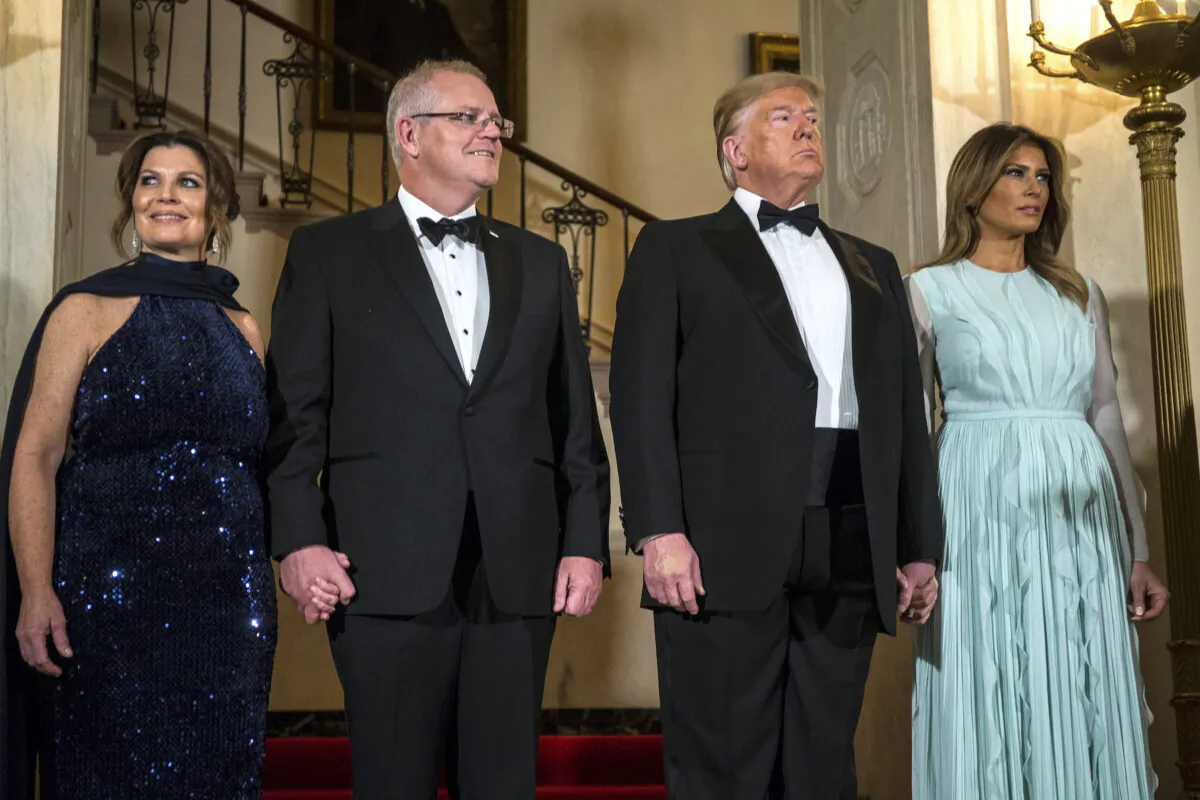 U.S. President Donald Trump and First Lady Melania Trump, Australian Prime Minister Scott Morrison, and Australian First Lady Jennifer Morrison are pictured ahead of a state dinner at the White House in Washington on Sept. 20, 2019. (Zach Gibson/Getty Images)