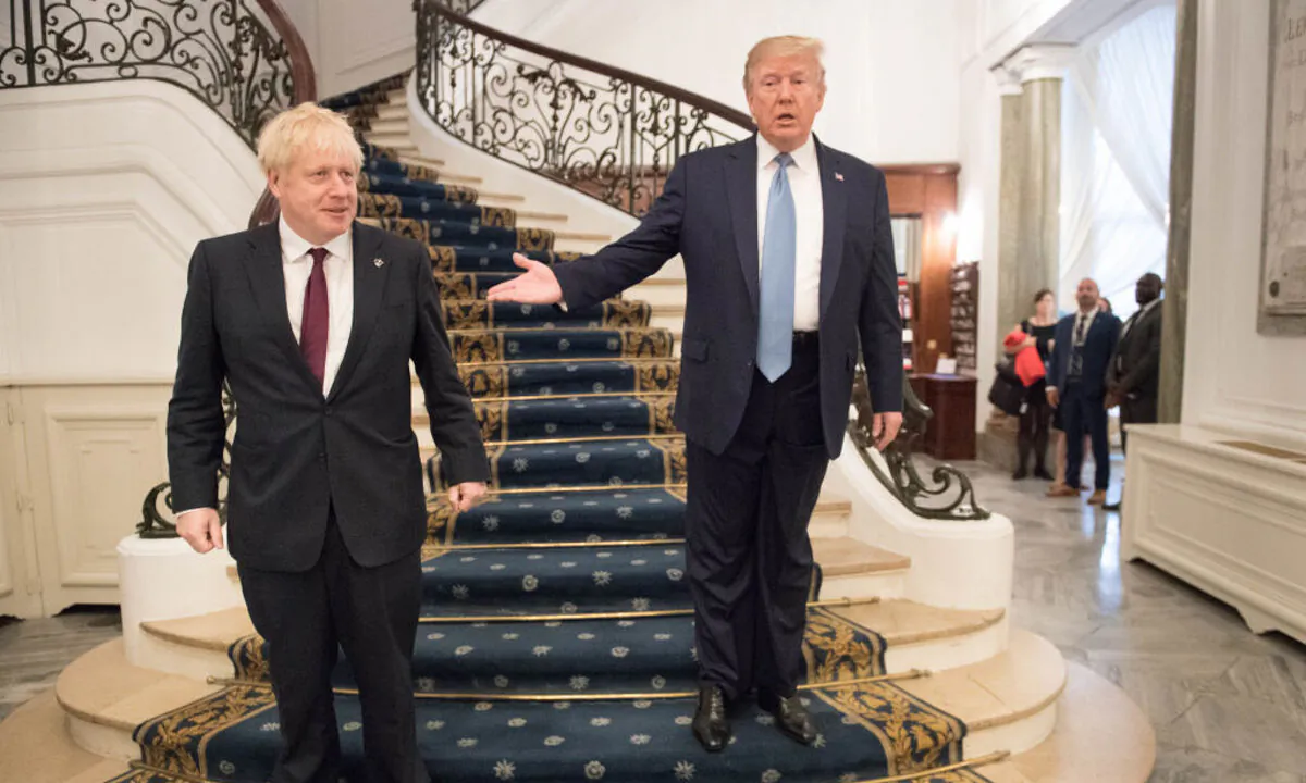 President Donald Trump and Britain's Prime Minister Boris Johnson arrive for a bilateral meeting during the G7 summit in Biarritz, France on Aug. 25, 2019. (Stefan Rousseau - Pool/Getty Images)