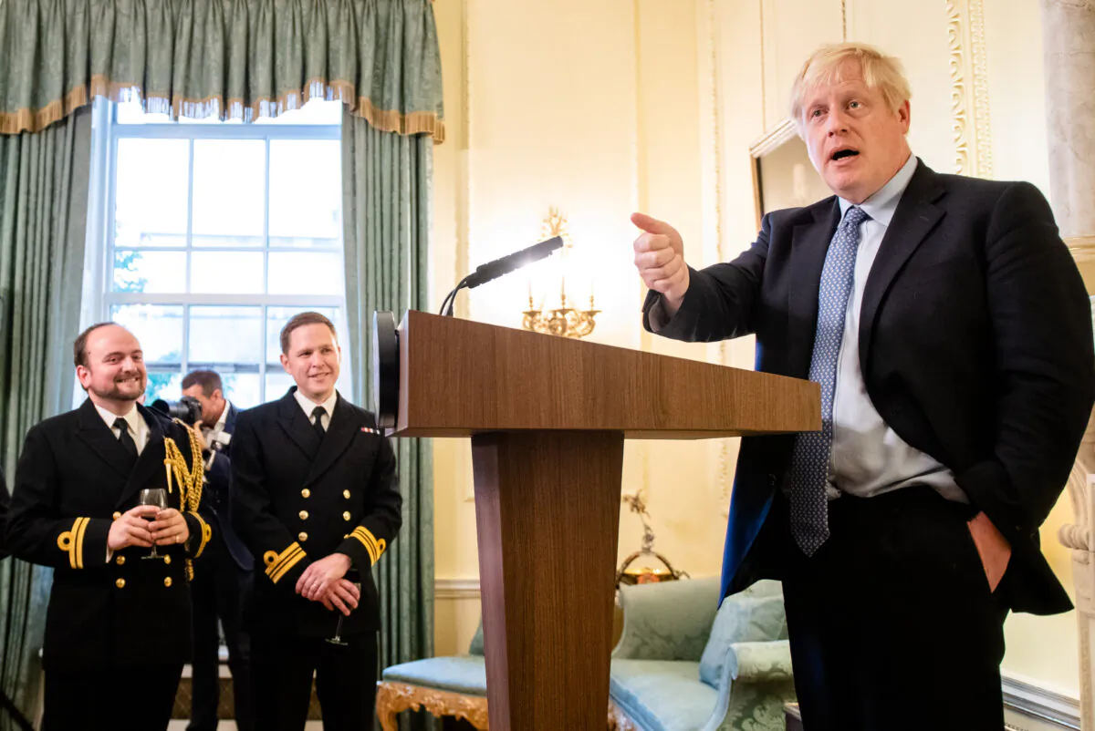 Prime Minister Boris Johnson hosts various members of the armed services at a military reception at 10 Downing Street in London on Sept. 18, 2019. (John Nguyen/WPA Pool/Getty Images)