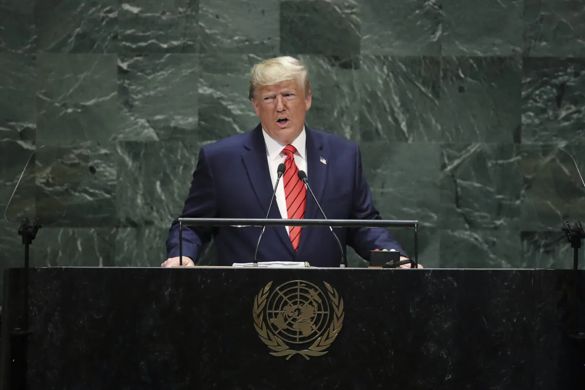 U.S. President Donald Trump addresses the U.N. General Assembly at U.N. headquarters in New York City on Sept. 24, 2019. (Drew Angerer/Getty Images)