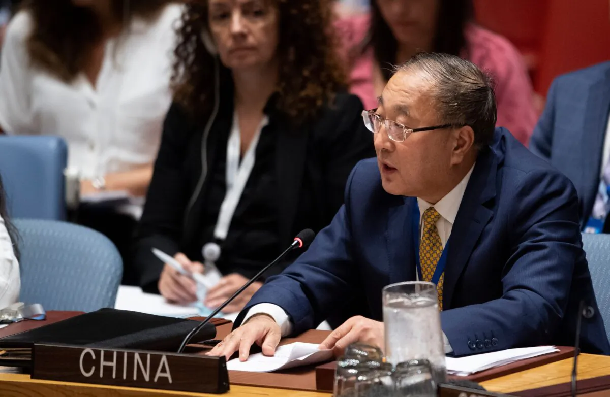Permanent Representative of China to the United Nations, Zhang Jun, speaks during a United Nations Security Council meeting at the U.N. headquarters in New York on Aug. 20, 2019. (JOHANNES EISELE/AFP/Getty Images)