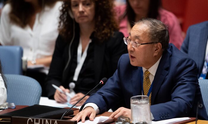Permanent Representative of China to the United Nations, Zhang Jun, speaks during a United Nations Security Council meeting at the U.N. headquarters in New York on Aug. 20, 2019. (JOHANNES EISELE/AFP/Getty Images)