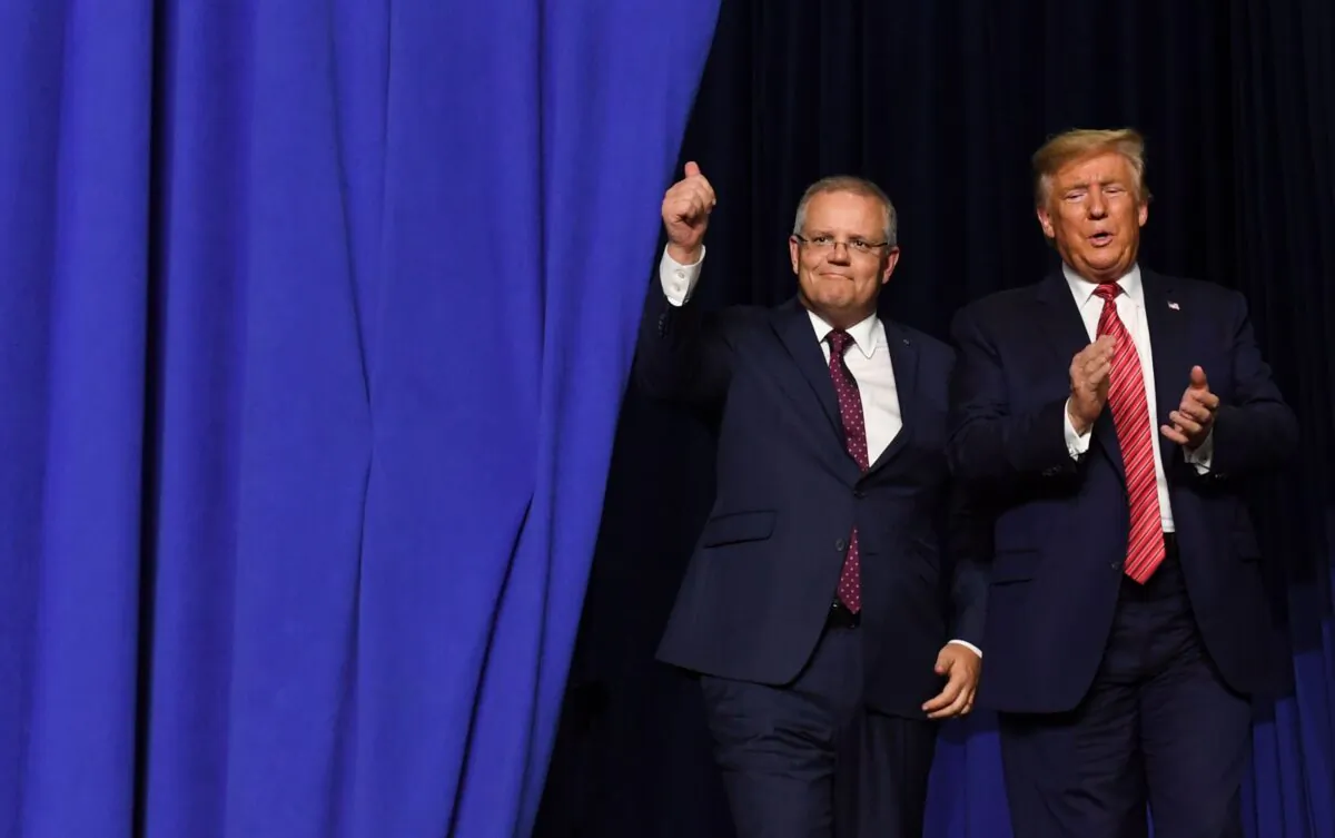 U.S. President Donald Trump and Australian Prime Minister Scott Morrison arrive to speak during a visit to Pratt Industries plant opening in Wapakoneta, Ohio, on Sept. 22, 2019. (Saul Loeb/AFP/Getty Images)