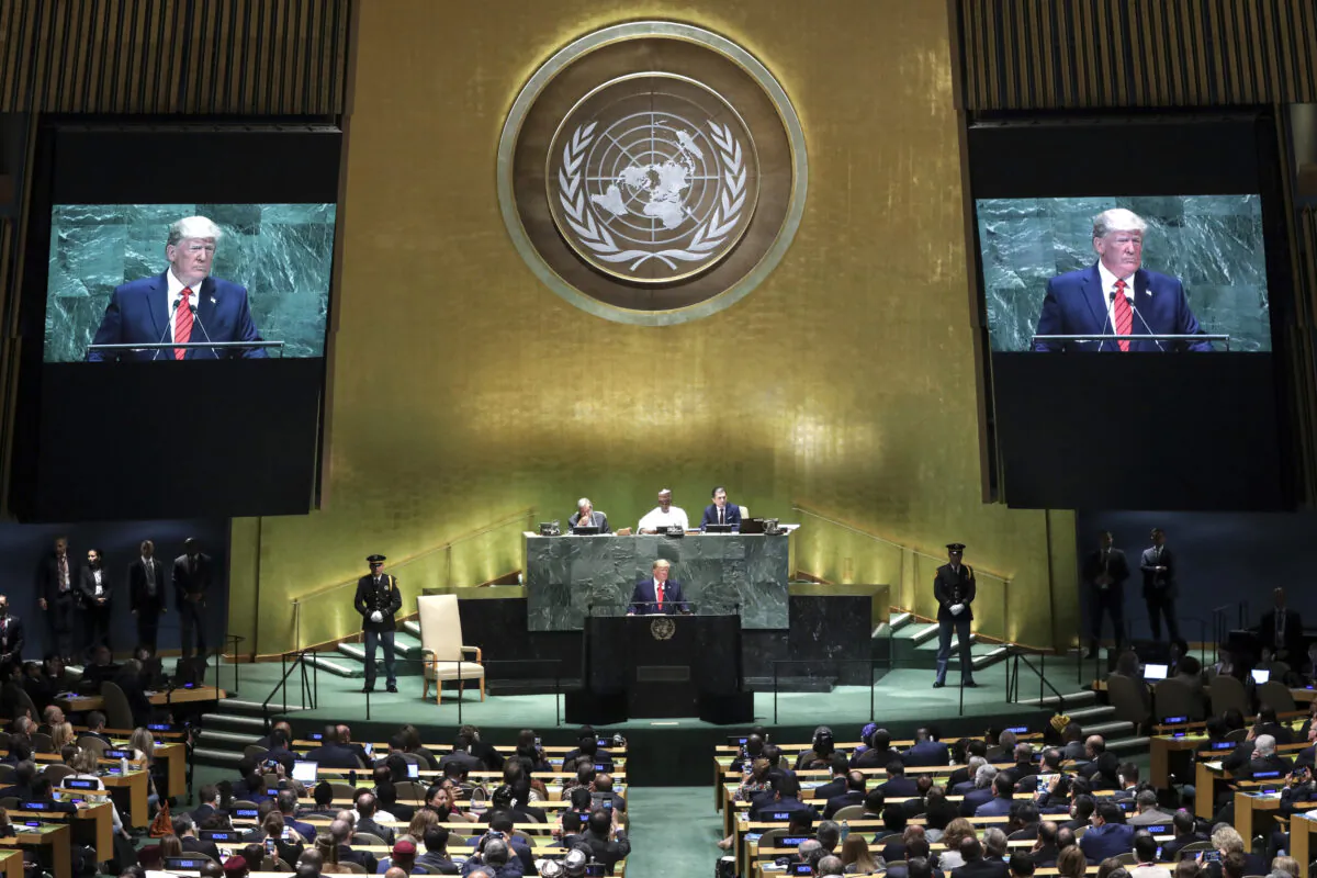 President Donald Trump addresses the United Nations General Assembly at U.N. headquarters in New York City on Sept. 24, 2019. (Drew Angerer/Getty Images)