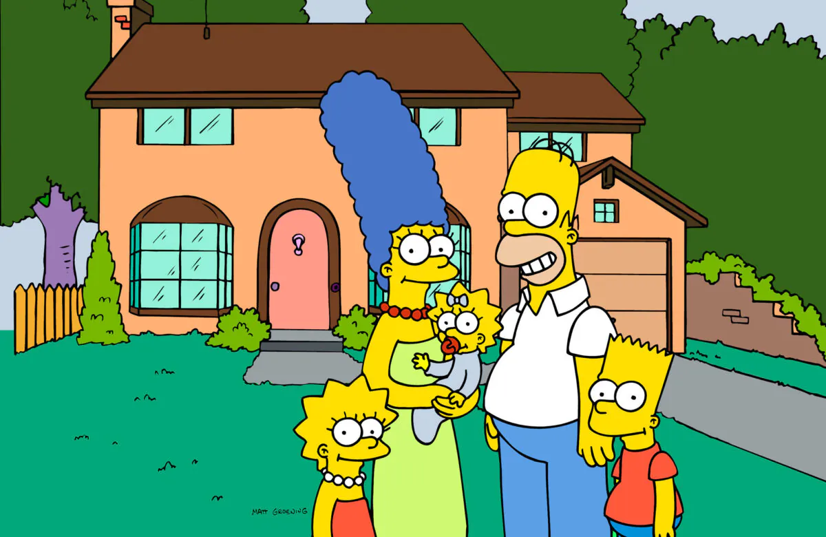 This undated frame from the Fox series "The Simpsons," shows the popular cartoon family posing in front of their home, from left, Lisa, Marge, Maggie, Homer, and Bart Simpson. (AP Photo/Fox Broacasting Co.)