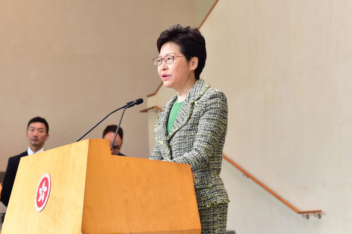 Hong Kong leader Carrie Lam speaks during a press conference in Hong Kong on Sept. 24, 2019. (Bill Cox/The Epoch Times)