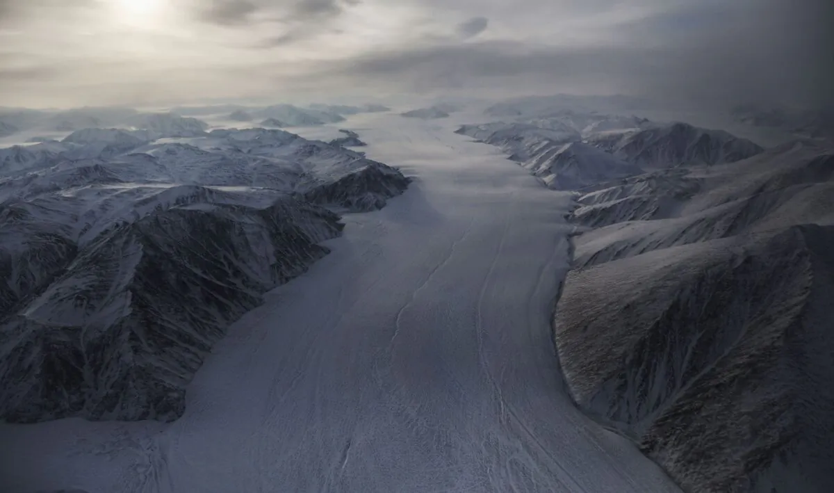 A section of a glacier is seen from NASA's Operation IceBridge research aircraft above Ellesmere Island, Canada, on March 29, 2017.   (Mario Tama/Getty Images)