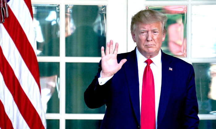 President Donald Trump heads back to the Oval Office after attending an event establishing the Space Command, the sixth national armed service, in the Rose Garden at the White House on Aug. 29, 2019. (Chip Somodevilla/Getty Images)