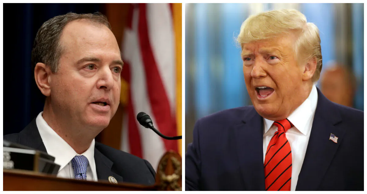 (L) Committee chairman Rep. Adam Schiff (D-Calif.) delivers opening remarks at a hearing featuring Acting Director of National Intelligence Joseph Maguire testifying before the House Select Committee on Intelligence on Capitol Hill in Washington on Sept. 26, 2019. (Photo by Alex Wong/Getty Images) (R) U.S. President Donald Trump speaks to the media at the United Nations in New York on Sept. 24, 2019. (Spencer Platt/Getty Images)
