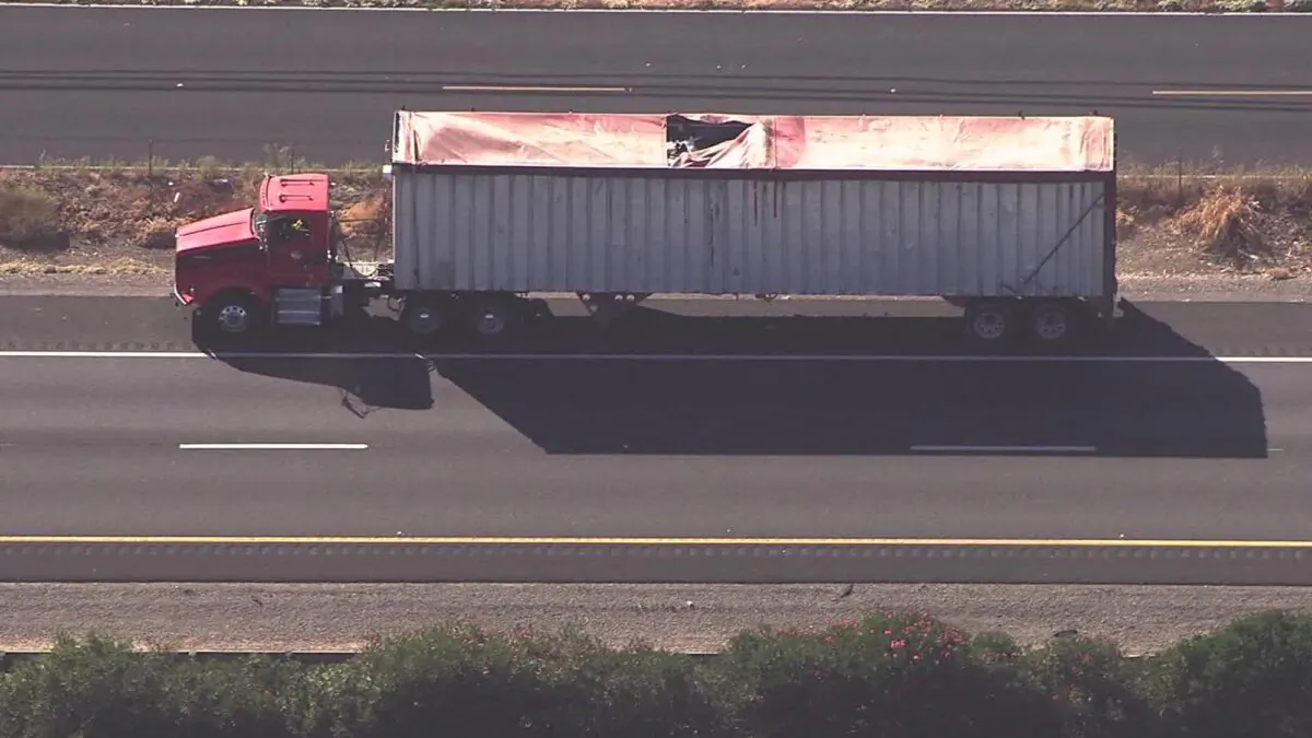 A skydiver was killed on Sept. 27, 2019 after landing on southbound Highway 99 in Northern California and being struck by a big rig. (Courtesy of KCRA)