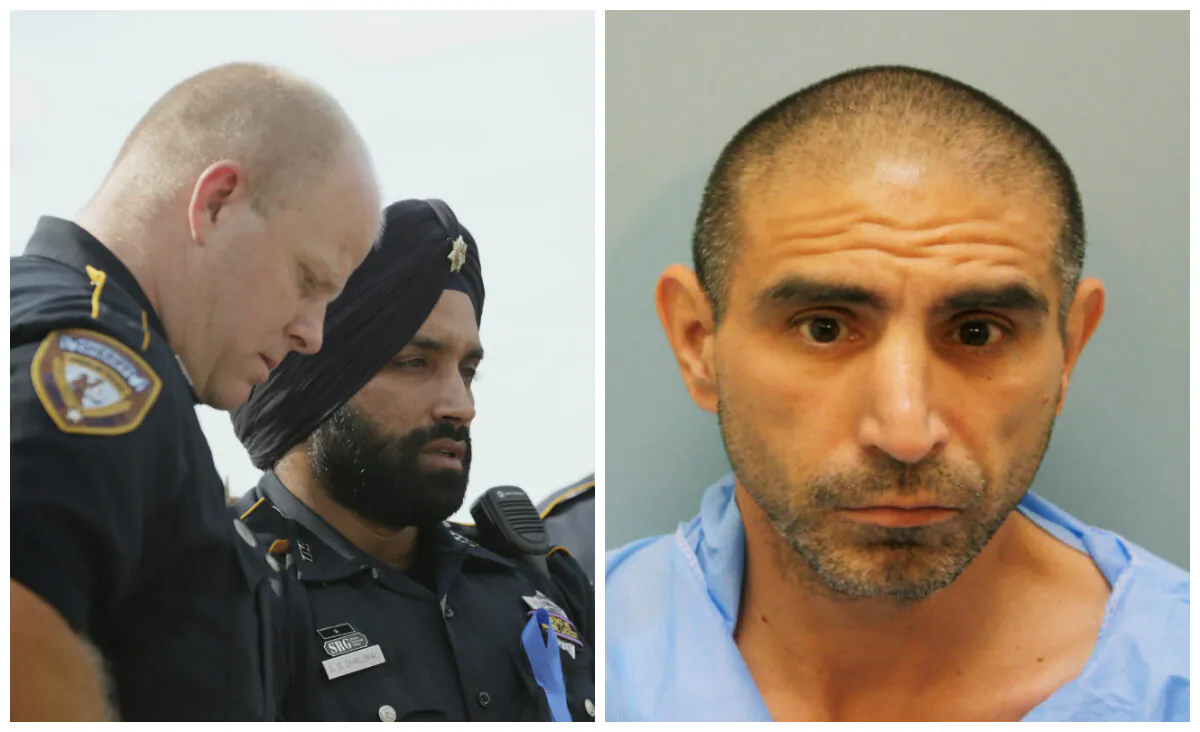 (L) Harris County Sheriff's Deputy Sandeep Dhaliwal on  Aug. 30, 2015. (Jon Shapley/Houston Chronicle via AP) (R) Robert Solis of Houston has been charged with capital murder in the Sept. 27, 2019 killing Deputy Dhaliwal during a traffic stop near Houston. (Harris County Sheriff’s Office via AP)