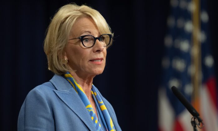 Secretary of Education Betsy DeVos speaks during the Summit on Combating Anti-Semitism at the Department of Justice in Washington on July 15, 2019. (SAUL LOEB/AFP/Getty Images)