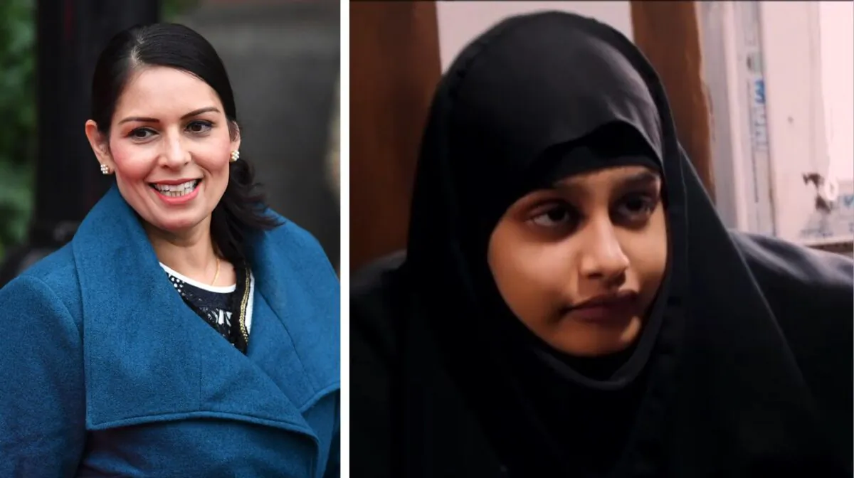 L - Priti Patel, Secretary of State for the Home Department leaves her hotel for the Conservative Party Conference in Manchester, England, on Sept. 29, 2019. R - Shamima Begum being interviewed by Sky News in northern Syria on Feb. 17, 2019. (Jeff J Mitchell/Getty Images; Reuters)
