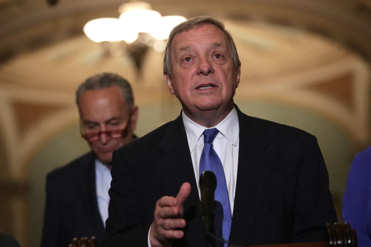 Senate Minority Whip Richard Durbin (D-Ill.) (R) speaks as Minority Leader Chuck Schumer (D-NY) (L) listens at the U.S. Capitol in Washington on June 11, 2019.  (Alex Wong/Getty Images)