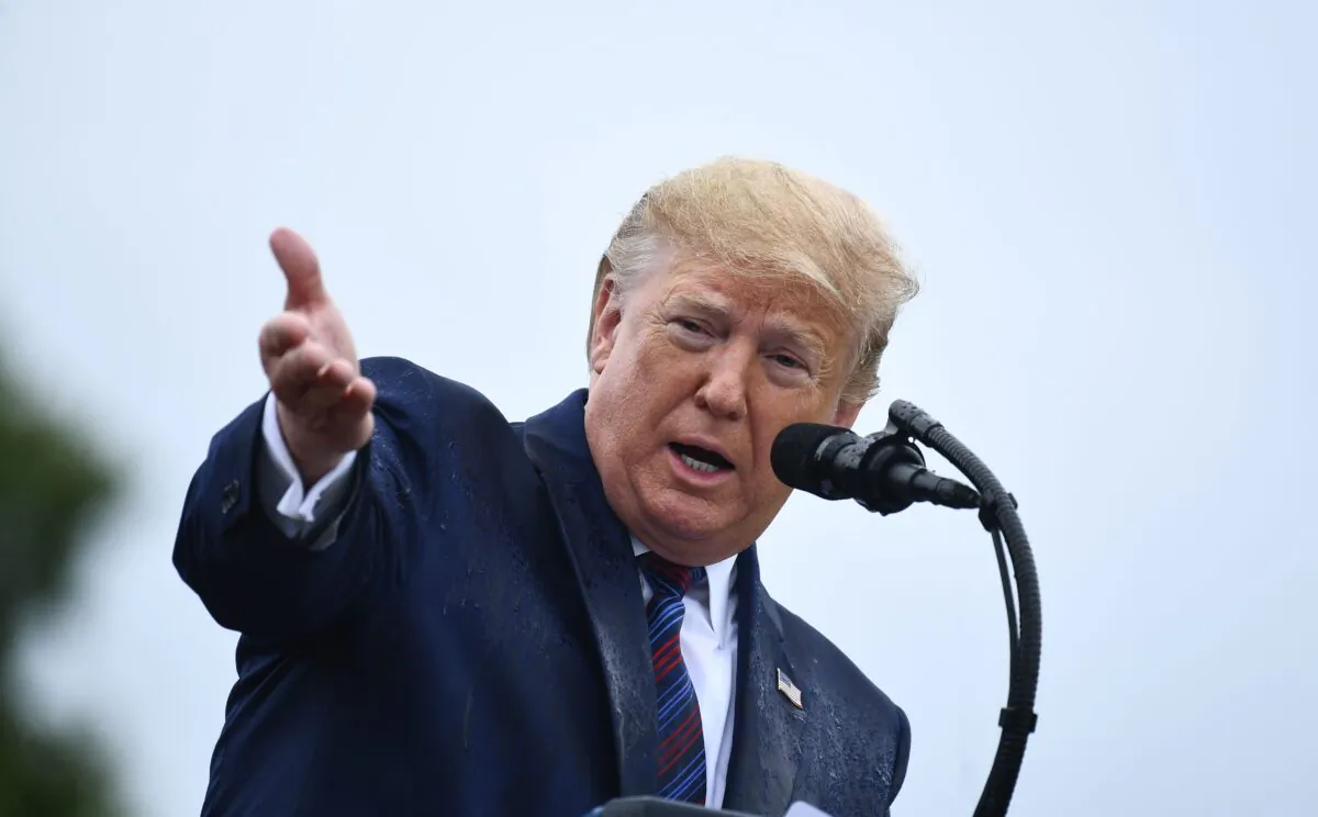 President Donald Trump speaks during the Armed Forces Welcome Ceremony in honor of the Twentieth Chairman of the Joint Chiefs of Staff at Summerall Field, Joint Base Myer-Henderson Hall, Va., on Sept. 30, 2019. (Brendan Smialowski/AFP/Getty Images)