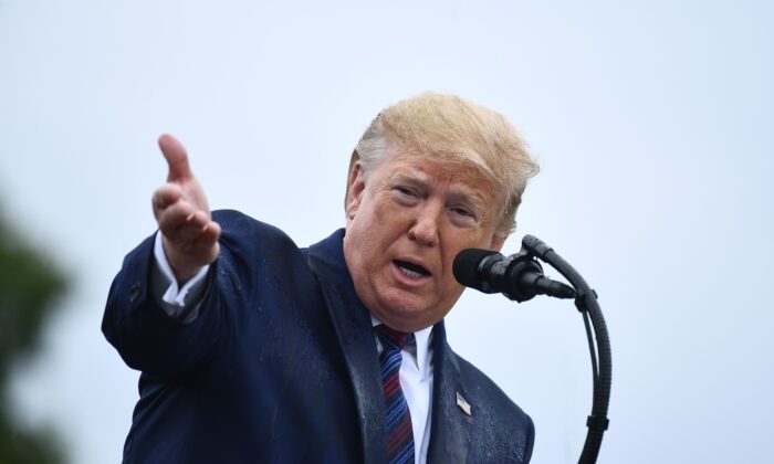 President Donald Trump speaks during the Armed Forces Welcome Ceremony in honor of the Twentieth Chairman of the Joint Chiefs of Staff at Summerall Field, Joint Base Myer-Henderson Hall, Va., on Sept. 30, 2019. (Brendan Smialowski/AFP/Getty Images)