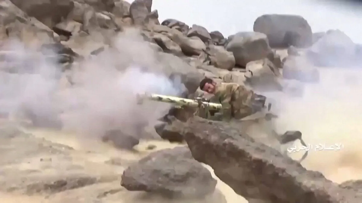 A member of Houthi forces fires on alleged Saudi positions during an attack near the border with Saudi Arabia's southern region of Najran in Yemen, in this still image taken from video on Sept. 29, 2019. (Al Masirah/Houthi Military Media Center/Reuters TV via Reuters)