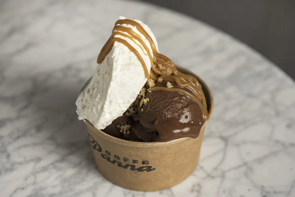 Chocolate sorbet with panna, graham crunch, and salted caramel. (Liz Clayman)
